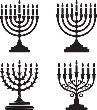 Vintage menorah with candles silhouette set vector illustration isolated On Transparent Background