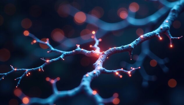 Close-up of branching network, nodes illuminate, suggesting neural connections or tree roots, tree, nature, structure