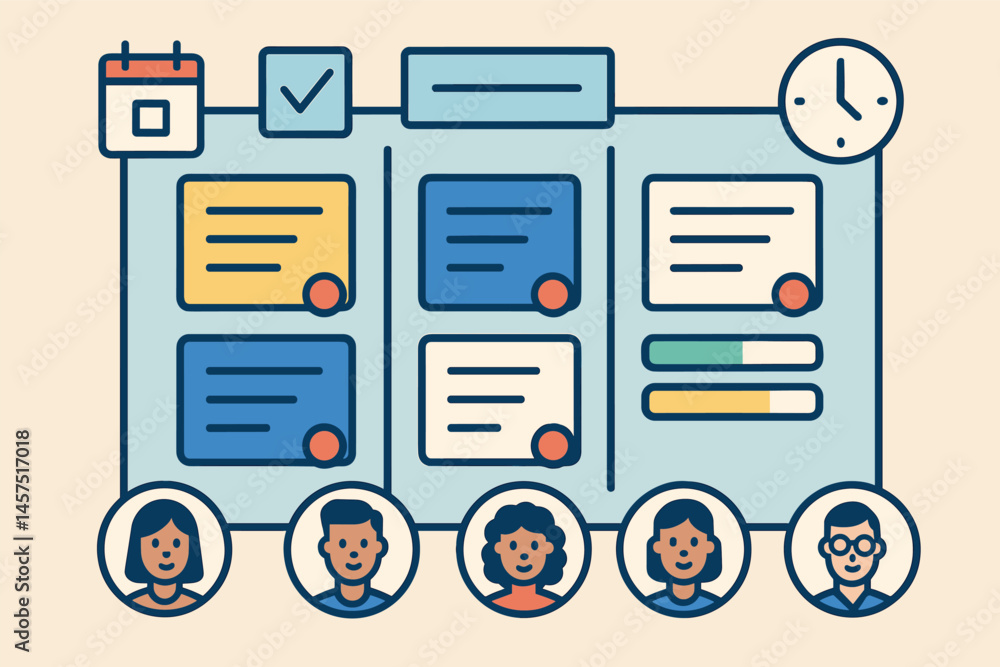 Aufkleber organizing team tasks visually — vector illustration of shared task board, deadlines, workload indic