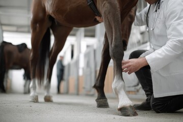 A veterinarian carefully examines the leg of a brown horse in a well-lit stable setting.