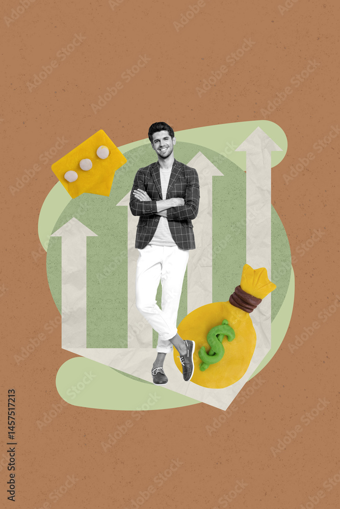 Poster vertical image art collage of happy girl guy business worker run arrow development text box notifica