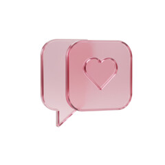 PNG 3D pink heart chat bubble icon, frosted glass style , transparent background, social media like symbol for app and UI design