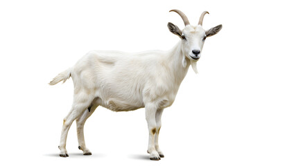 Fototapeta premium Isolated White Goat Standing Against a Clean Backdrop in Full Shot with Short Horns and Goatee