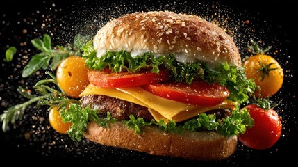 Flying burger with fresh ingredients such as lettuce, tomato, and cheese flying off, isolated on a black background, creating a dynamic scene