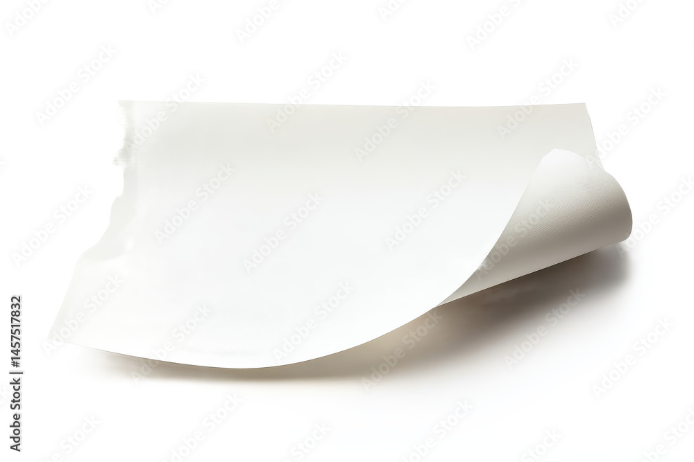 Poster a curled white paper sheet on a white surface showing a simple and clean presentation of the paper r