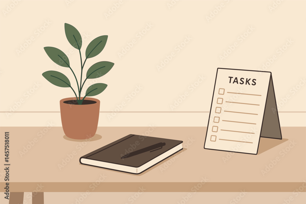 Poster mindful spaces — vector illustration of clutter-free workspace with clean desk, one notebook, plant,