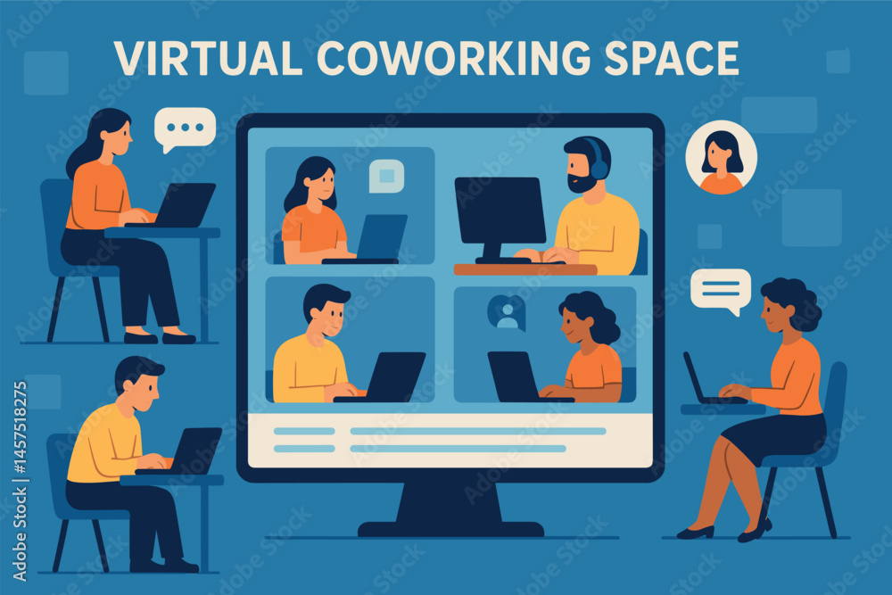 Poster vector illustration of virtual coworking space with multiple users working in a shared digital room