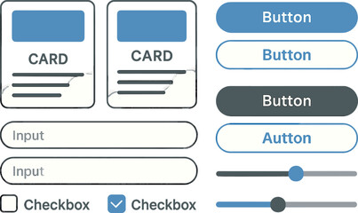 Vector illustration of a UI component library with cards, buttons, inputs, checkboxes, and sliders in both active and hover states