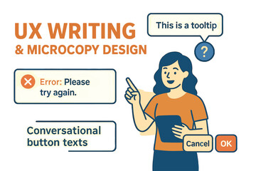 Vector illustration of UX writing and microcopy design with tooltip examples, error messages, and conversational button texts