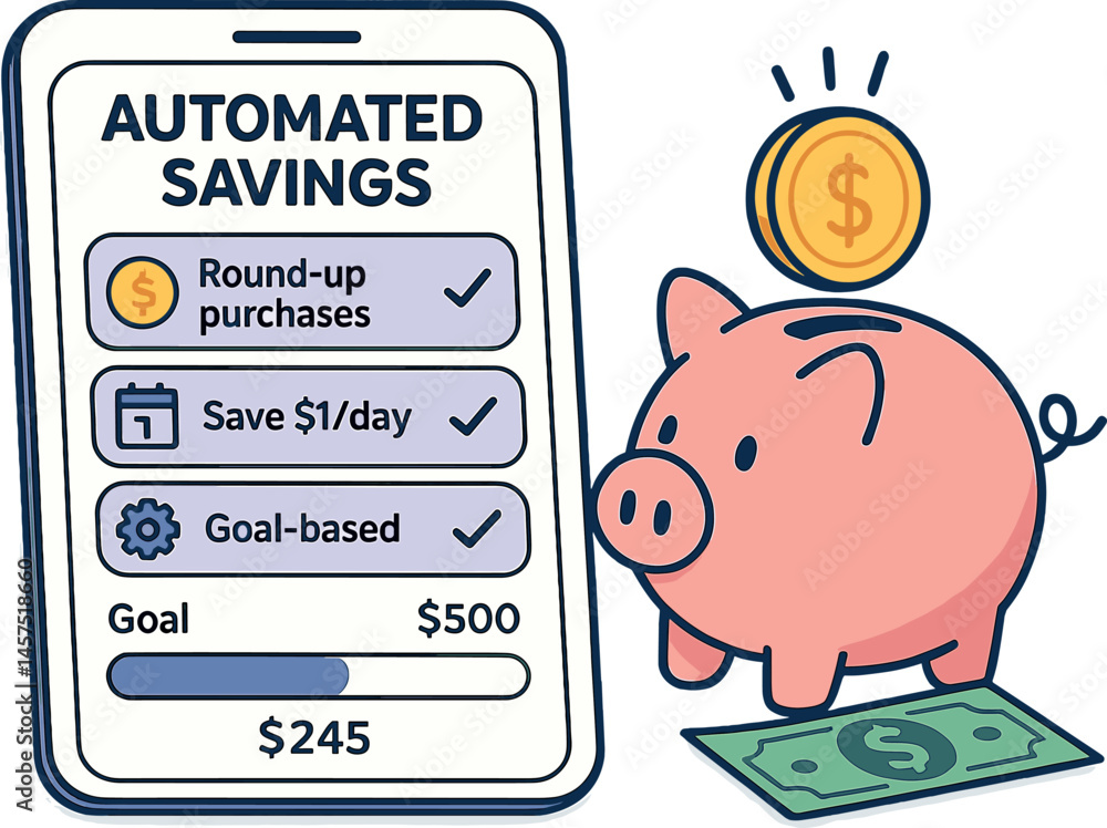 Poster vector illustration of automated savings app interface with rules like “round-up purchases,” “save $