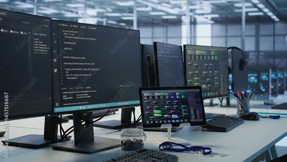 Poster data center facility employing deep learning technology to maintain company network infrastructure. 