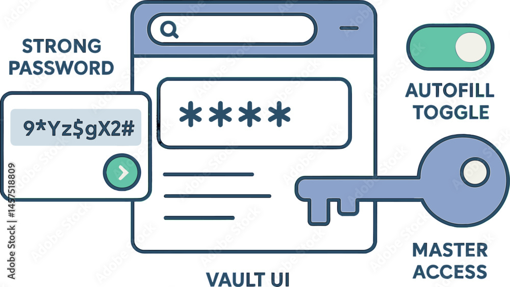 Aufkleber vector illustration of password management tools with strong password generator, vault ui, autofill 