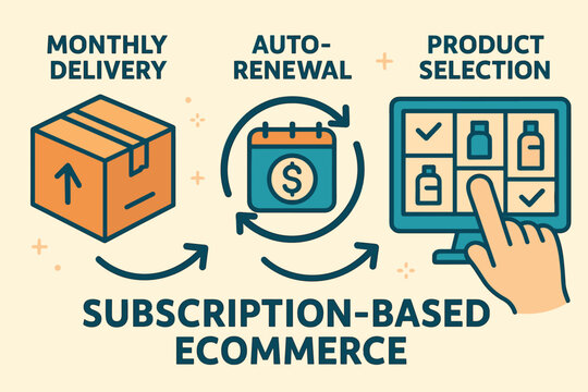 Vector illustration of subscription-based ecommerce model showing monthly delivery box, auto-renewal, and product selection process