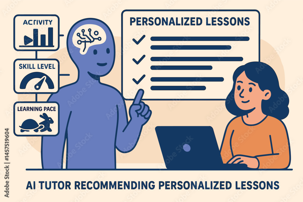 Poster vector illustration of ai tutor recommending personalized lessons based on learner activity, skill l