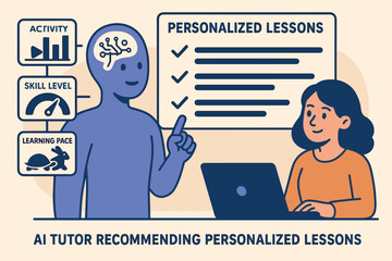 Vector illustration of AI tutor recommending personalized lessons based on learner activity, skill level, and learning pace