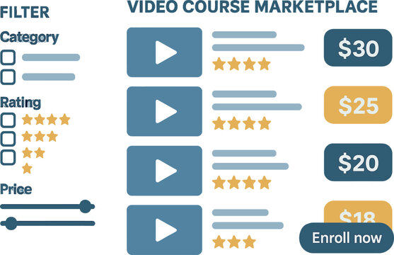 Vector illustration of video course marketplace with filter sidebar, course ratings, price tags, and “Enroll now” button