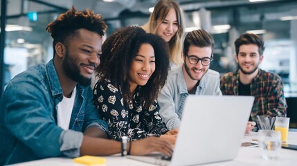 Multi-ethnic colleagues working on digital marketing campaign in office