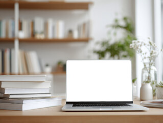 Fototapeta premium Modern workspace with a laptop and books in a bright, minimalistic room setting
