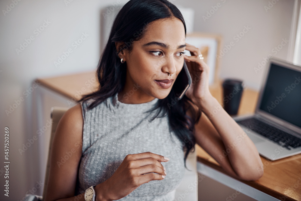 Poster business woman, phone call and laptop with work from home of freelancer with networking and web rese