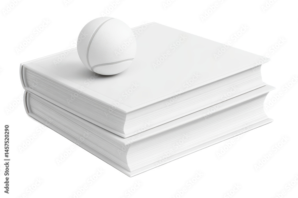 Poster a minimalist composition featuring stacked books and a spherical object all in a monochromatic white
