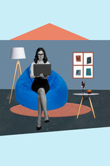 Creative design composite trend artwork collage of young lady sit beanbag work computer remote cocktail glass cake indoor workspace
