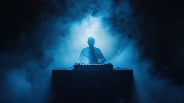 Music mixer silhouette blue lighting smoky atmosphere dj console