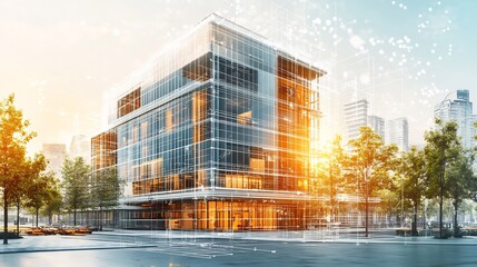 Timberframe concrete structure architecture illustration showcasing urban form LEED certification and a delicate building materials sketch diagram within sunlit city frame