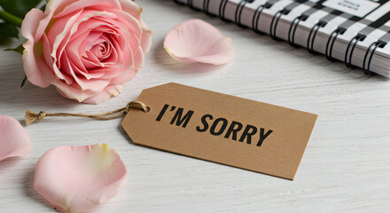 Pink Rose and Apology Message on Kraft Tag with Rose Petals Scattered on White Wood Surface Creates Romantic Vintage Style