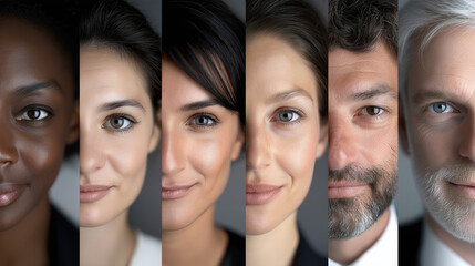 Fototapeta premium Professionelles Geschäftsporträt mit verschiedenen Gesichtern von sechs diversen Personen nebeneinander angeordnet vor weißem Hintergrund.