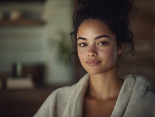 fresh-faced woman spa robe fresh-faced woman in a spa robe, applying skincare products gently