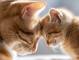 Fototapeta na wymiar Close interaction between a mother cat and her playful kitten in soft morning light