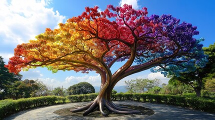 Naklejka premium Rainbow Tree Of Life. Vibrant, Colorful Nature Scene Under A Blue Sky.
