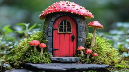 Miniature fairy house nestled amongst moss and mushrooms.  A whimsical, tiny dwelling with a red door and toadstool roof, surrounded by greenery