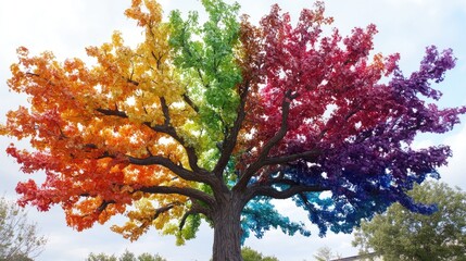 Vibrant Tree With Rainbow Leaves. Symbol Of Diversity, Inclusion, And Environmental Beauty Under A Bright Sky.