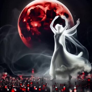 Elegant Ghostly Figures Dancing Gracefully Under a Blood Red Moon Amid Rising Smoke and Sparkling Red Droplets in a Dreamlike Night Scene