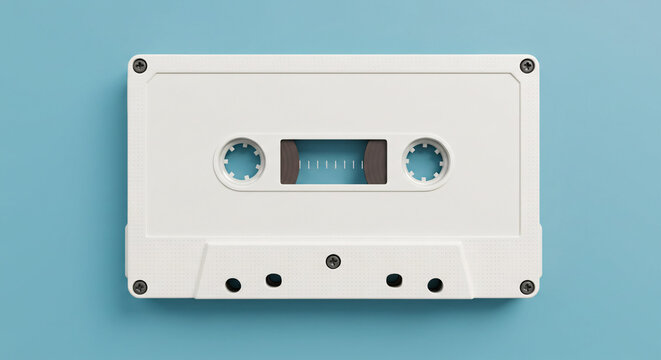 Cassette tape mockup against light blue background for branding media