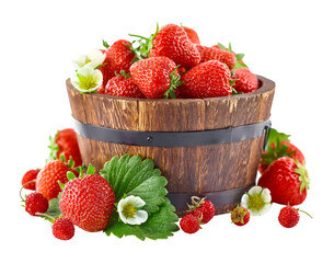 Fresh red strawberries with green leaves and flowers in the rustic wooden bucket bowl. Natural organic berries harvest isolated. PNG.