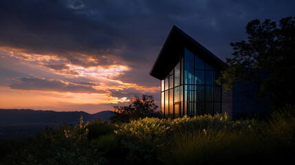 New glass chapel at sunset with hilltop architectural design