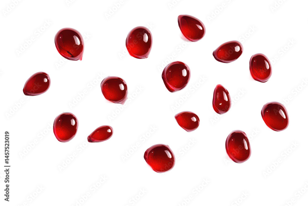 Poster scattered red drops with white highlights on a pixelated gray and black background creating a patter