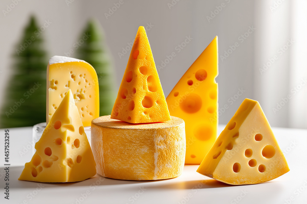 Poster minimalist display of cheese wedges varying from soft to hard on white background. bright and clean 
