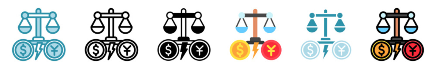 Arbitration multi style, mini illustration icon set. outline, flat, glyph, line color. vector for UI, UX, app, web, digital or print, related to trade war, economic competition, business, finance.