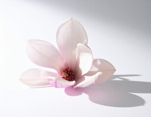 Elegant white magnolia flower with soft petals and shadow on a light background