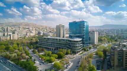 Naklejka premium Urban Landscape With Modern Buildings, Trees And Blue Sky. Cityscape View.