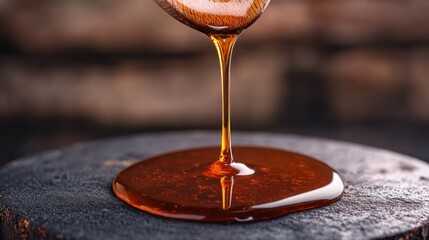 Amber liquid pouring from wooden spoon closeup food photography