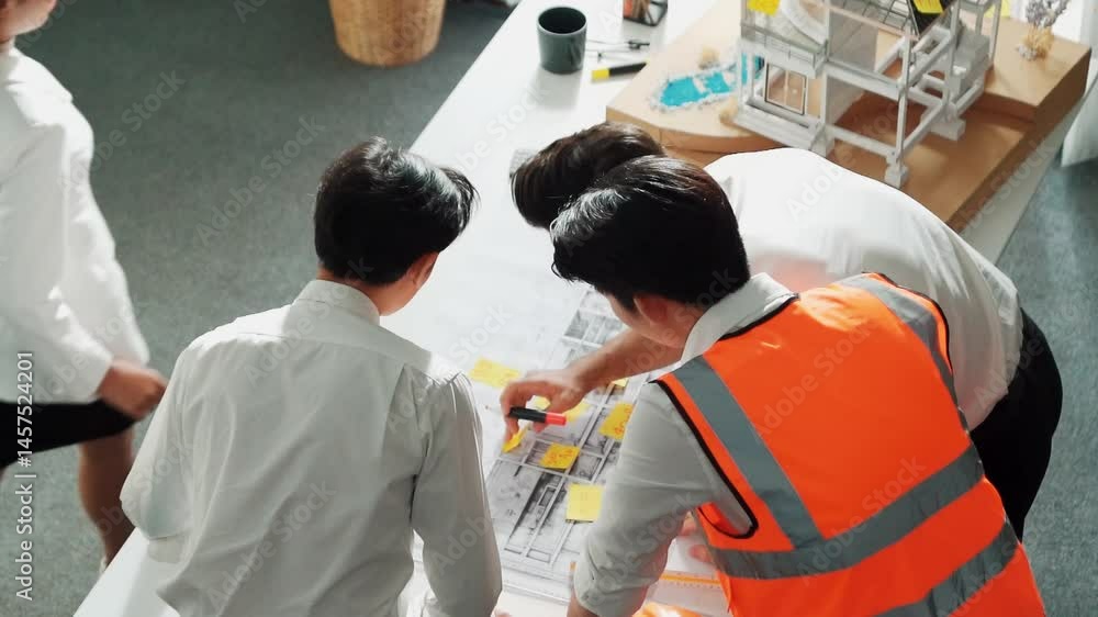 Poster top view of skilled architect engineer team inspect house model while project manager hold blueprint
