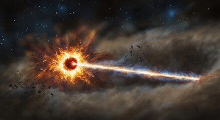 A fiery celestial body emits a powerful energy beam through a nebula.  Fierce cosmic explosion with debris scattering