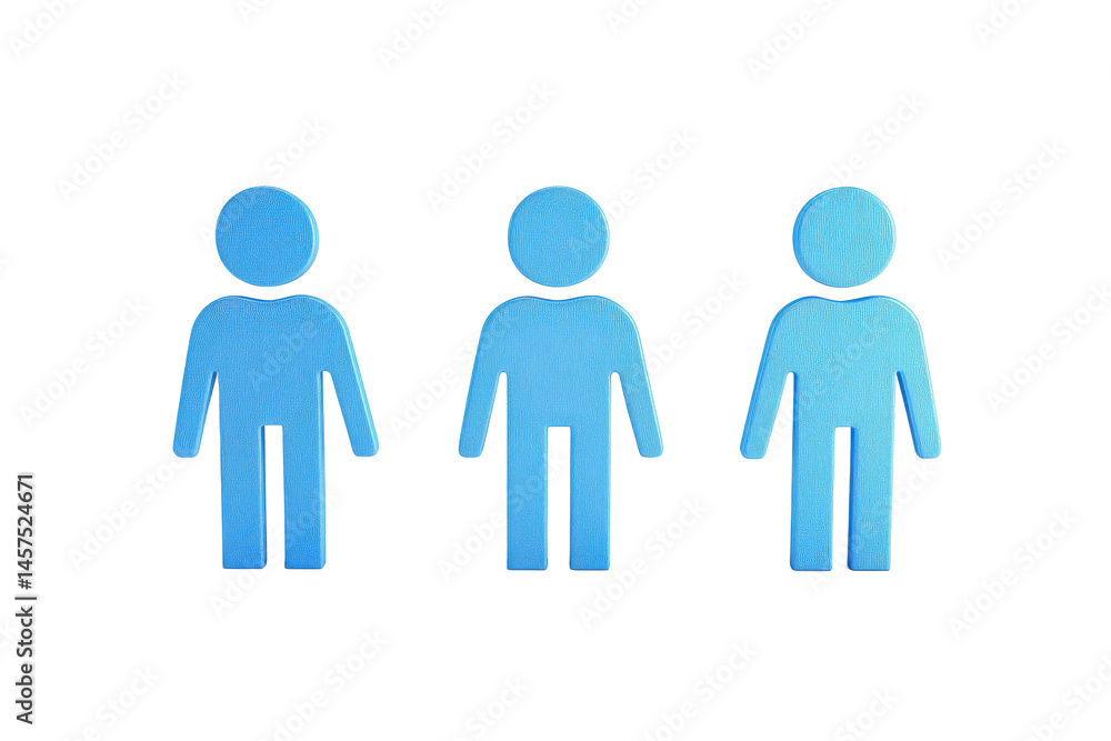Poster three stylized blue figures stand against a blurred gray background with pixelated block shapes arou