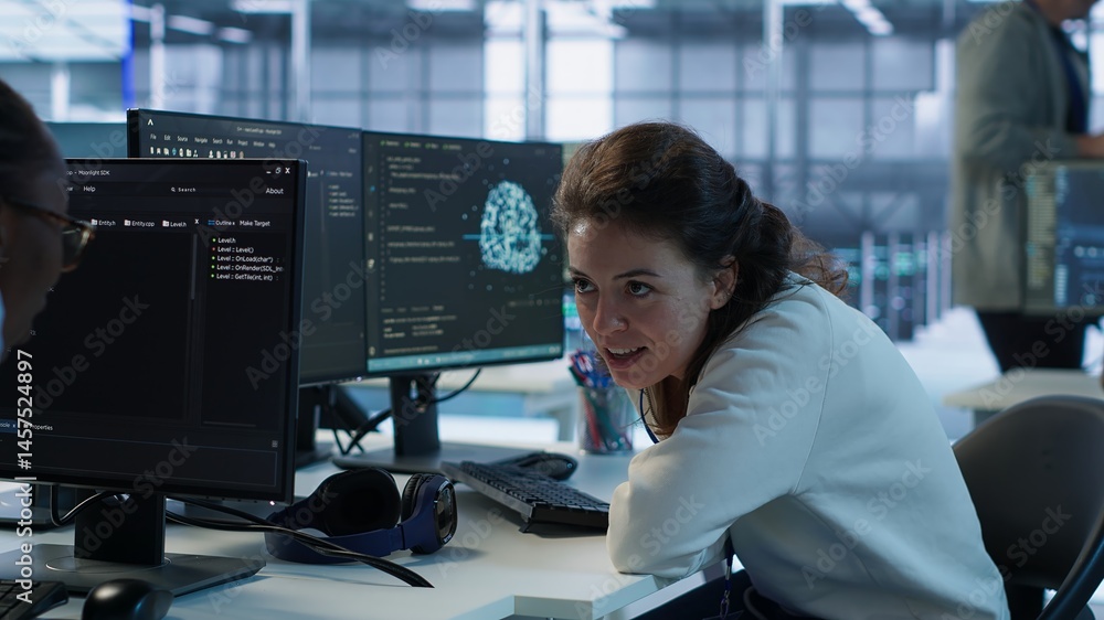 Poster happy technician chatting with colleague while doing maintenance on artificial intelligence neural n