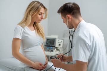 Fototapeta premium A doctor checks the blood pressure of a pregnant woman in a medical examination room.