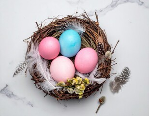 Obraz premium Festive robin's-egg blue and blush pink eggs nestle within a woven nest adorned with delicate feathers and dried flowers, evoking springtime joy.